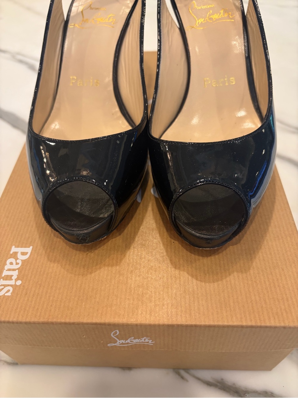 Christian Louboutin Black Patent Peep-Toe Pumps 3.4 inch heels